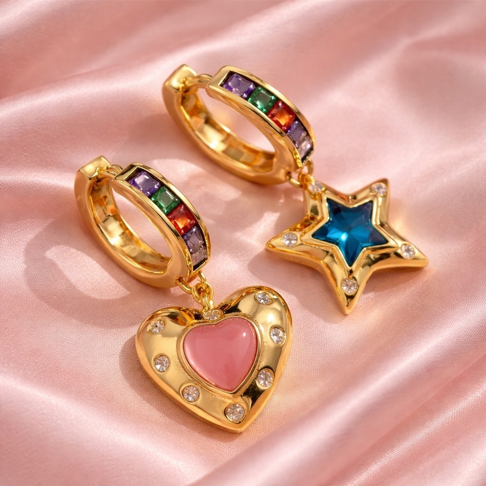 Gold Rainbow Charm Earrings –Heart & Star Drop, Colorful Crystal Statement Hoops